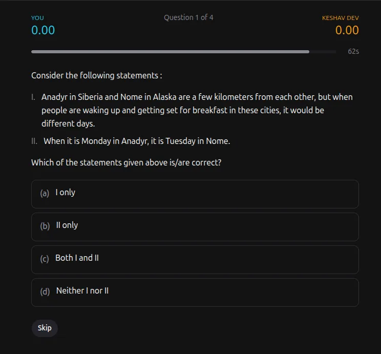 Live Quick Duel screen showing a timed UPSC Prelims question, answer options, player names, and ratings