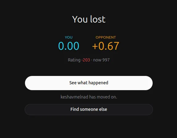 Real Quick Duel result after a loss, showing the aspirant score, opponent score, and rating decrease
